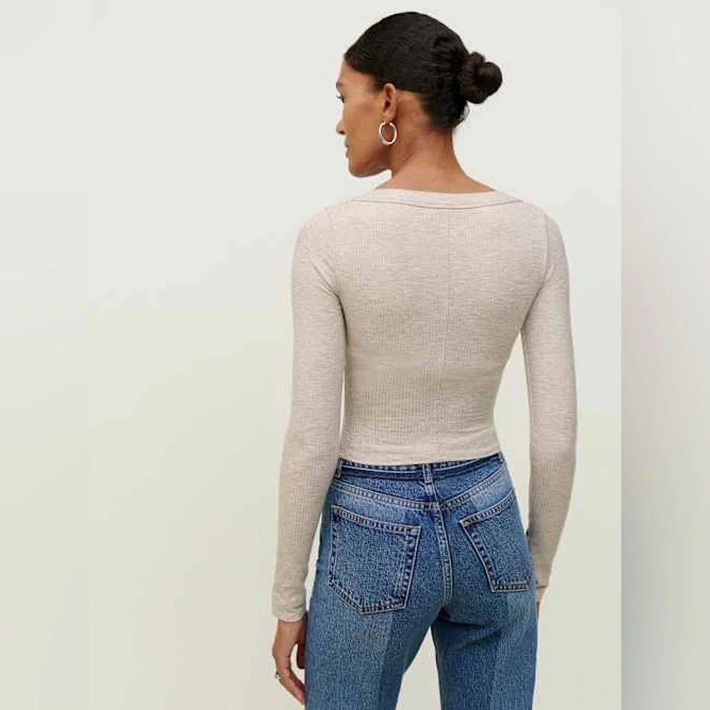 Reformation Paige Marble Gray Scoop Neck Ribbed Crop Top Long Sleeve Tee EUC S